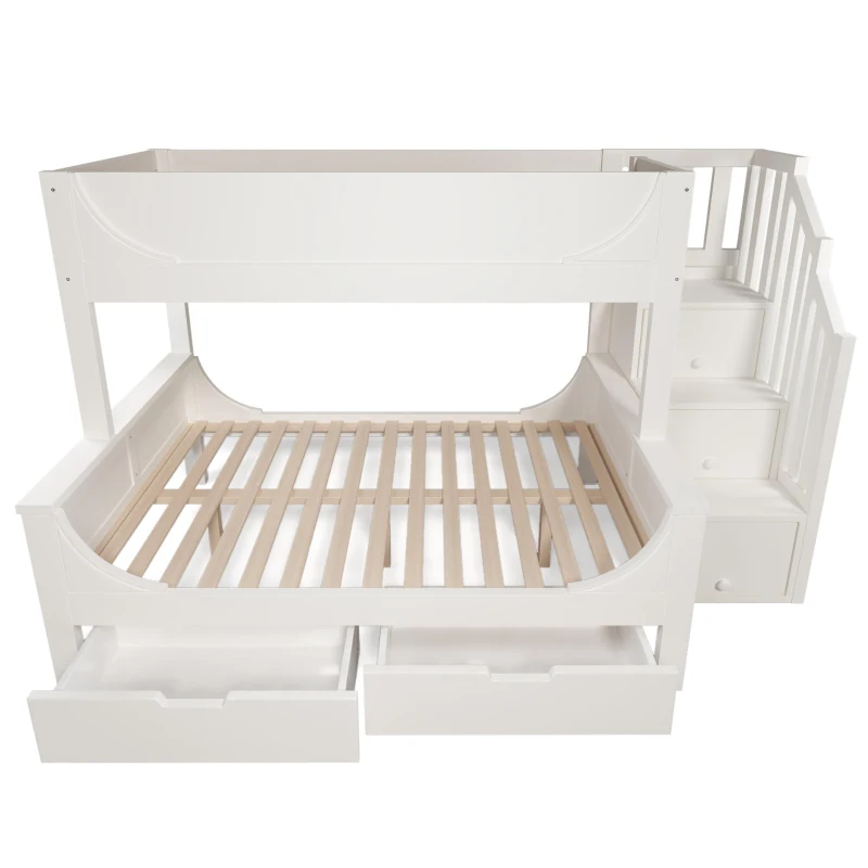 Children's Bunk Bed with Under-bed Pull-out Drawer, Ladder Cabinet Storage, Staircase Sleeper for Living Room, 246L x 141W x 150H cm, White