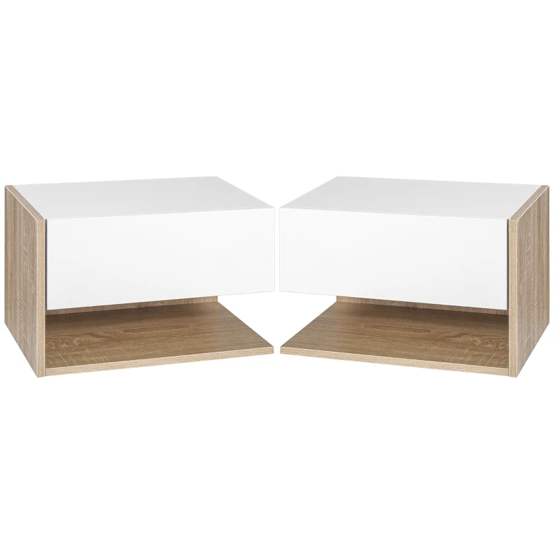 HOMCOM Conjunto 2 Mesas de Cabeceira Suspensas Gaveta Deslizante e Prateleira Bicolor 46x30x30 cm Branco