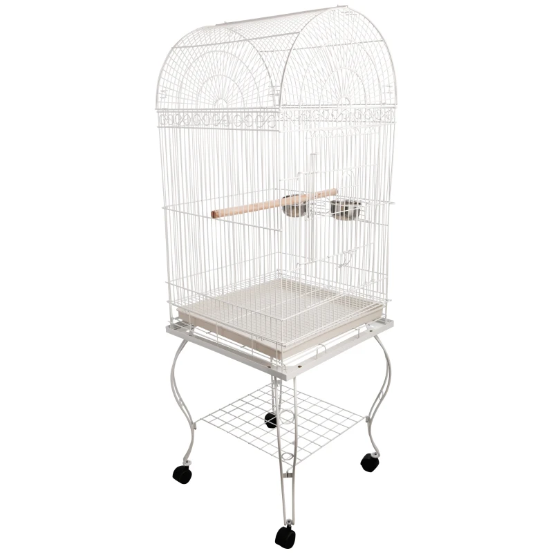 PawHut Grande volière cage à oiseaux design avec mangeoire perchoir suspendu plateau amovible étagère et roulettes 54L x 54l x 153H cm blanc
