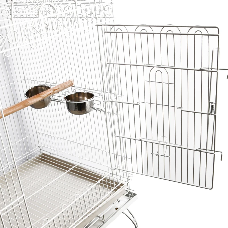 PawHut Grande volière cage à oiseaux design avec mangeoire perchoir suspendu plateau amovible étagère et roulettes 54L x 54l x 153H cm blanc