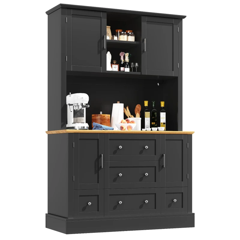 Tall Kitchen Cabinet with Open Middle Shelf and Five Drawers, Large Storage Cupboard for Dining Room, 115L x 40W x 180H cm, Black