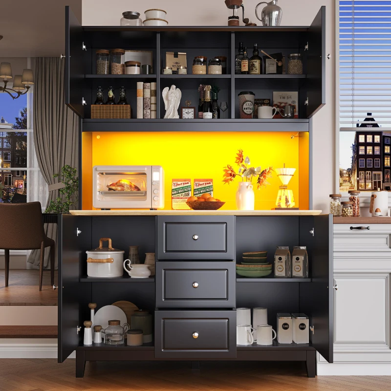 Tall Kitchen Sideboard Cabinet with App-Controlled Changing LED Lighting, Cupboard with Open Display Shelf, 120L x 40W x 180H cm, Black