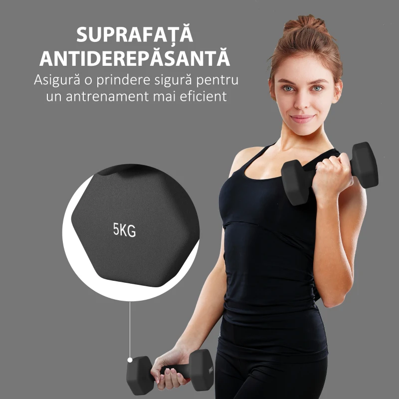 SPORTNOW Set 2 Greutăți Hexagonale cu Gantere Pereche cu Prindere Antiderapantă pentru Antrenament de Fitness, 2x5 kg, 21x9x9 cm, Negru