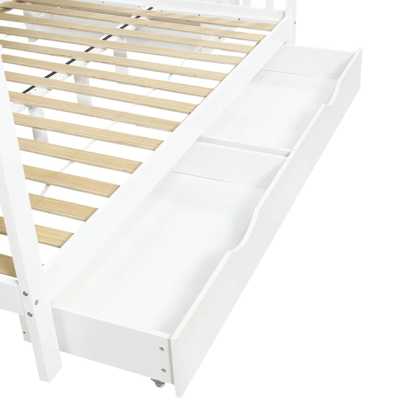 Children's Bunk Bed with Staircase, Drawer Storage, Slatted Base, Solid Wood Frame for Compact Room, 225L x 140W x 150H cm, White