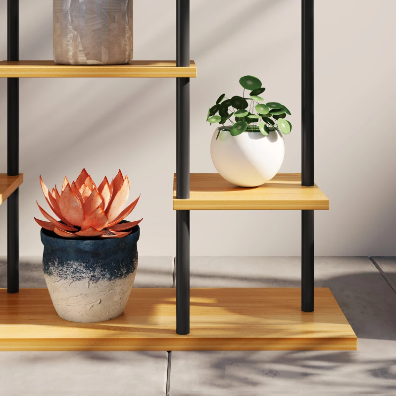 Outsunny Suporte de Plantas de 6 Níveis Aço com Base em Madeira Maciça 80x24x61,5 cm Madeira Natural
