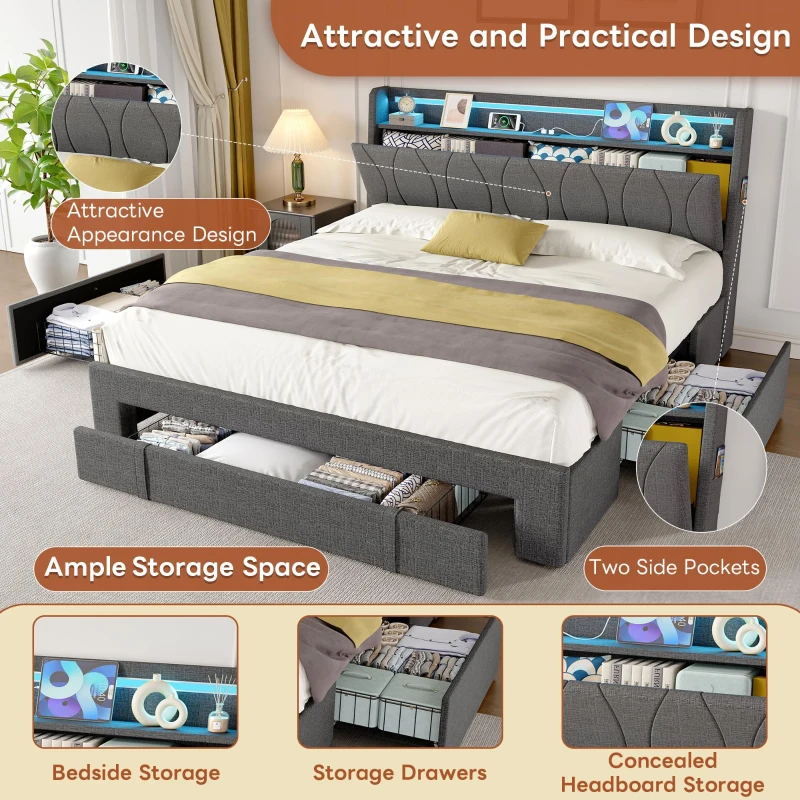 4ft6 Double Upholstered Bed with 3 Drawers, Charging Station, Sturdy Headboard with App-controlled RGB LED, 213L x 142W x 106H cm, Grey