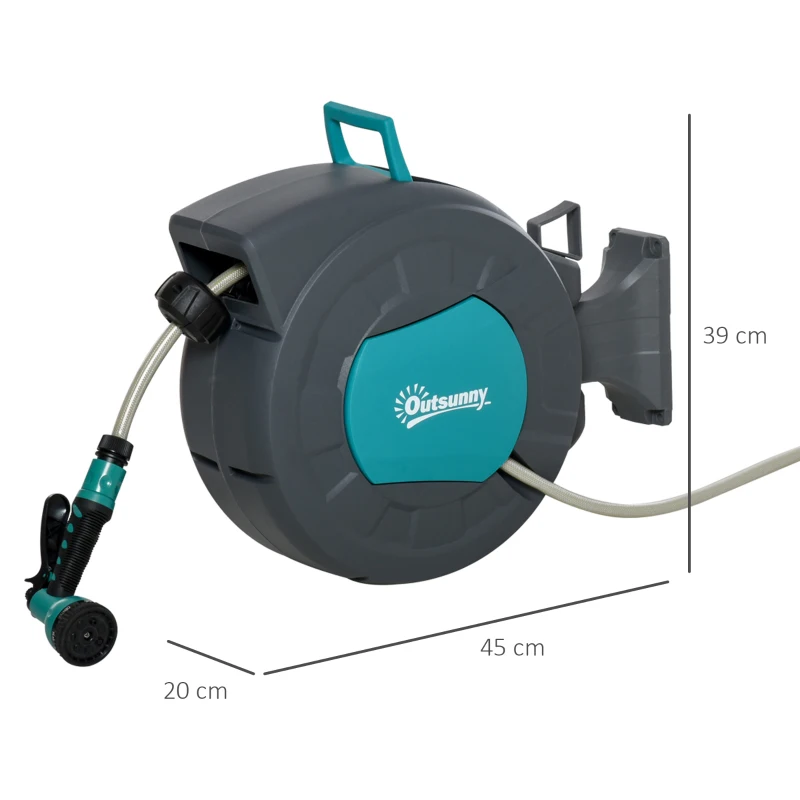 Outsunny Enrolador de Parede 180° com Recolha Automática 15 m + 1,4 m Lança de Rega Incluída Cinza Escuro e Verde