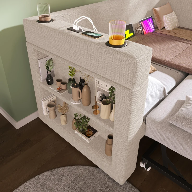 3ft Upholstered Daybed With Cup Holders, 3 USB and Type‑C Charging Ports, Single Sofa Bed for Compact Room, 207L x 98W x 74H cm, Beige