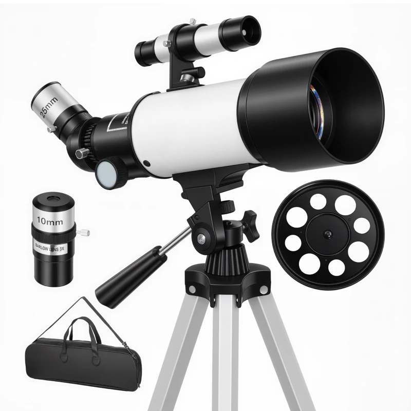 Outsunny Astronomisches Refraktor-Teleskop 70 mm, 40×/16×, höhenverstellbares Stativ, 80×80×135 cm, Weiß