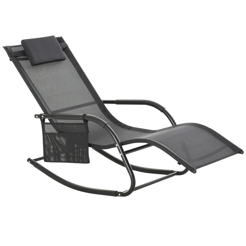 Outsunny Chaise Longue à Bascule - Rocking Chair - tétière Amovible, accoudoirs, Pochette Rangement - métal époxy textilène