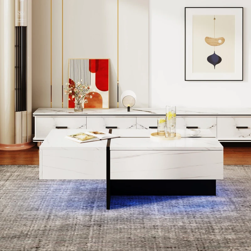 High-Gloss Coffee Table with App-Controlled Colour-Changing LED Lighting, Tea Table with 3 Drawers, 100L x 50W x 34.5H cm, Black+White