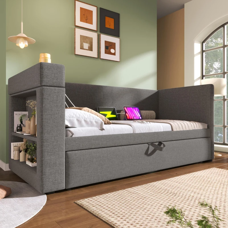 Upholstered Daybed with Pull-out Trundle and Built-in Cup Holders, Bed Frame with Armrests and Side Storage, 207L x 98W x 74H cm, Grey