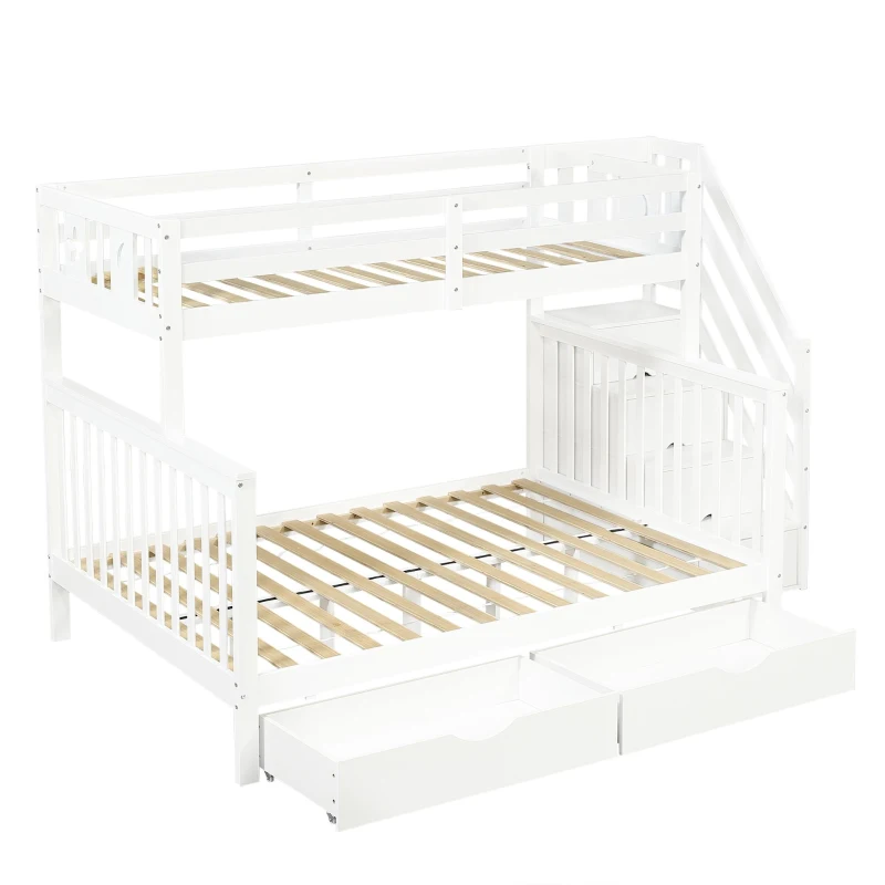 Children's Bunk Bed with Staircase, Drawer Storage, Slatted Base, Solid Wood Frame for Compact Room, 225L x 140W x 150H cm, White