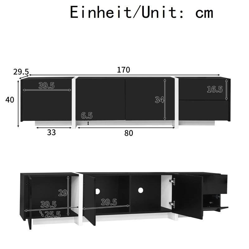 High-gloss Finish TV Cabinet with 3 Doors, 1 Drawer, Contrasting Base and Legs, TV Stand for Living Room, 170L x 29.5W x 40H cm, Black+White