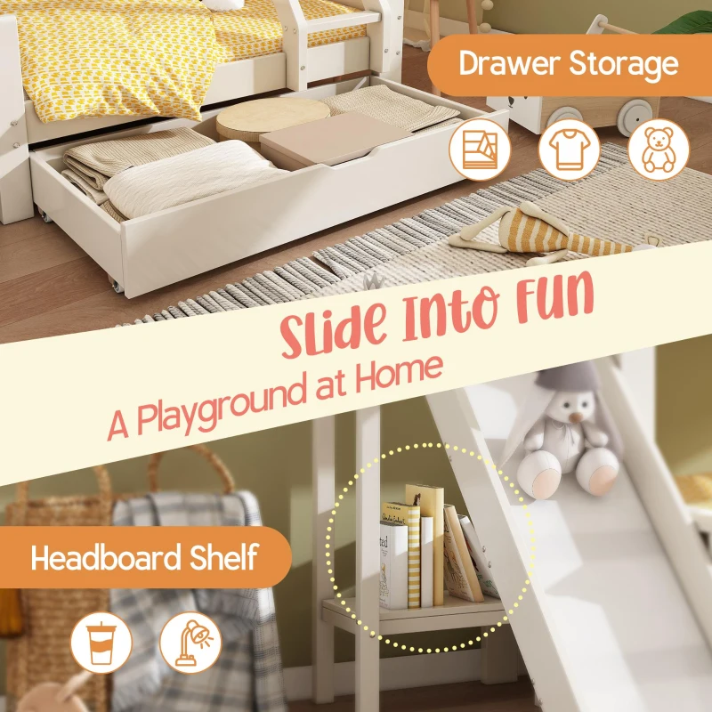 3-in-1 Cabin-style Bunk Bed with Slide and Storage Drawer, Solid Wood and MDF Frame, Durable Sleeper for Kids, 240L x 189W x 230H cm, White
