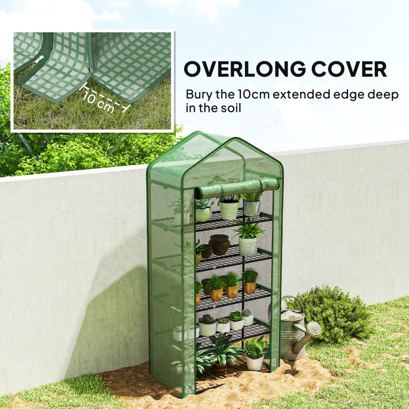 Outsunny 5 Tier Widened Mini Greenhouse with Reinforced PE Cover, Portable Indoor Outdoor Green House with Roll-up Door and Wire Shelves, 193H x 90W x 49Dcm, Green