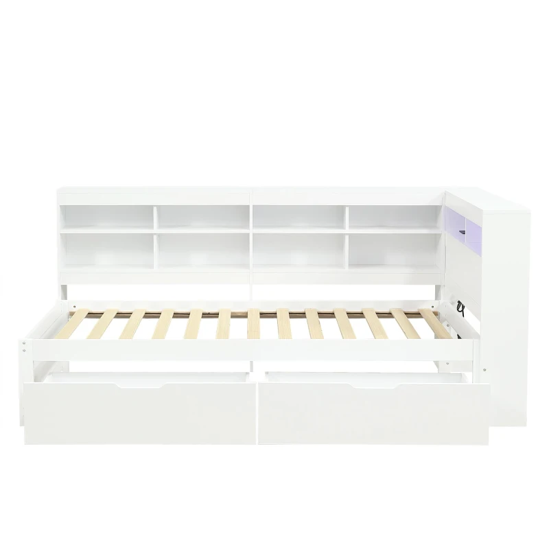 3ft Single Daybed with 2 Storage Drawers, Integrated Headboard Storage, Sturdy Wood Frame for Compact Room, 213L x 117W x 93H cm, White
