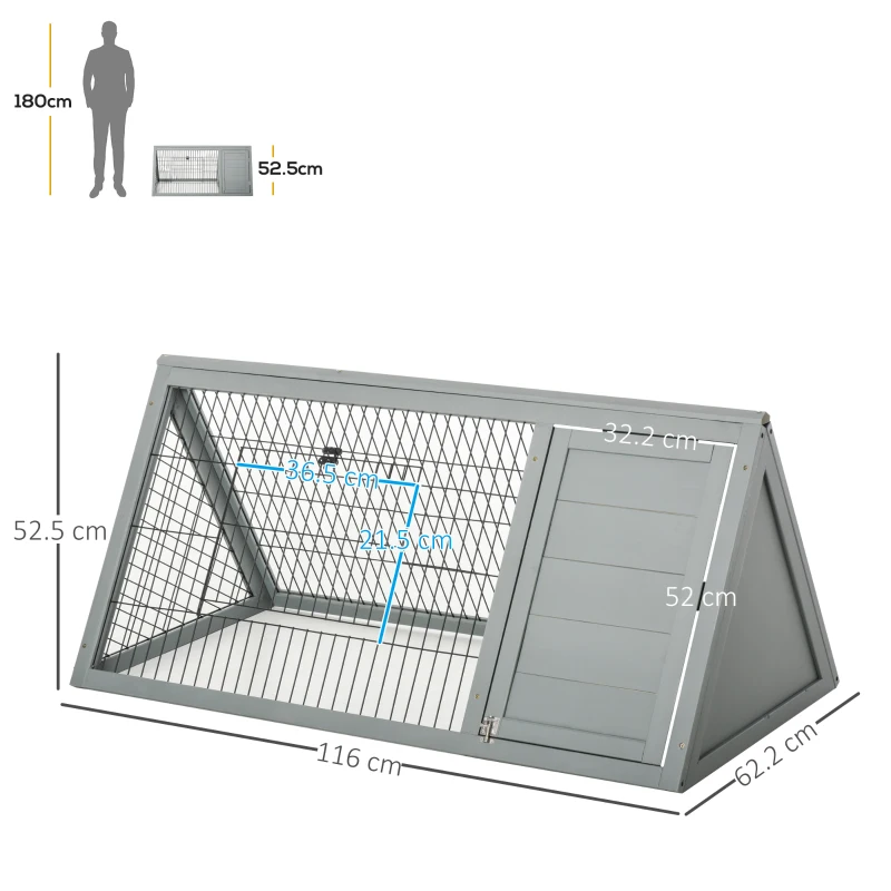PawHut Clapier triunghiular dublu pentru iepuri cu țarc exterior și căsuță, lemn brad, gri — 116 x 62,2 x 52,5 cm