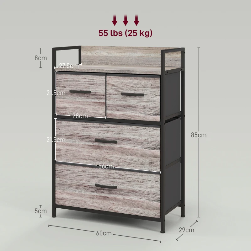 HOMCOM Industrial-Style 4-Drawer Fabric Dresser with Open Shelf — 60 x 29 x 85 cm (23.6 x 11.4 x 33.5 in) Gray