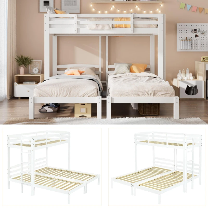 Triple Bunk Bed Space-Saving SleeperSide with Ladder and Bedside Storage, Bed Frame with Safety Rails, 204L x 198W x 162.5H cm, White