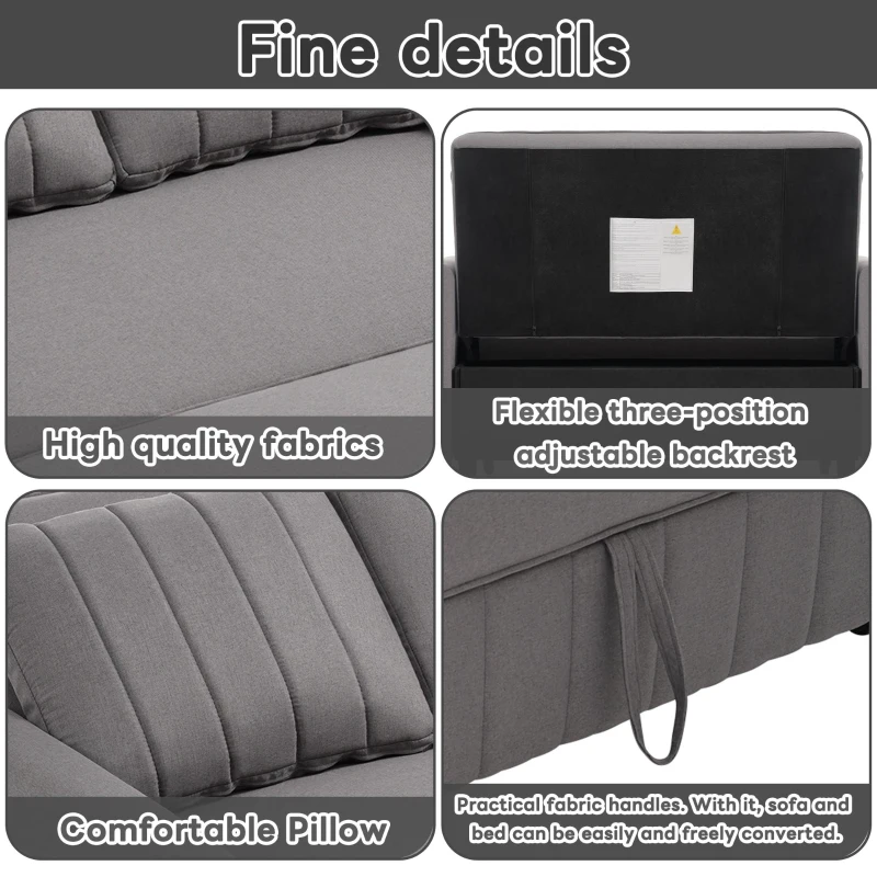 Multifunctional Folding Sofa Bed with Adjustable Backrest and 2 Cushions, Daybed Ideal for Small Homes, 127L x 75-180W x 94H cm, Dark Grey