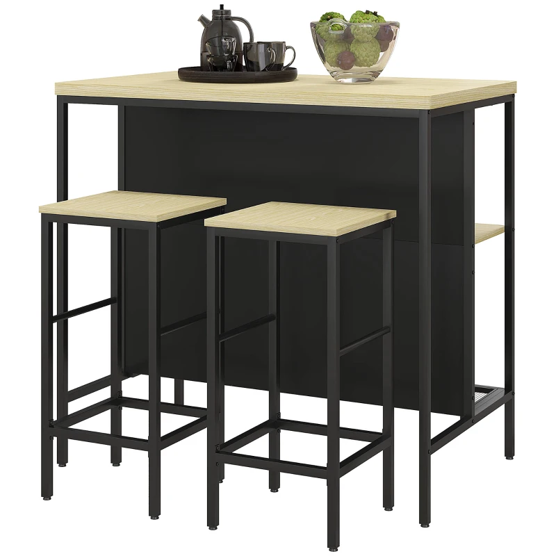 HOMCOM Conjunto Mesa de Bar Industrial 2 Banquetas e Prateleira Metal 100x60x95 cm Cor Madeira