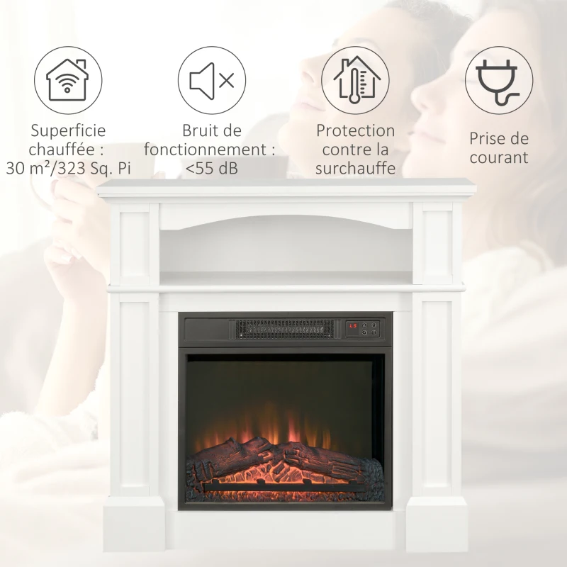 Șemineu electric HOMCOM cu mantă și efect flăcări 3D, 1.800 W, alb