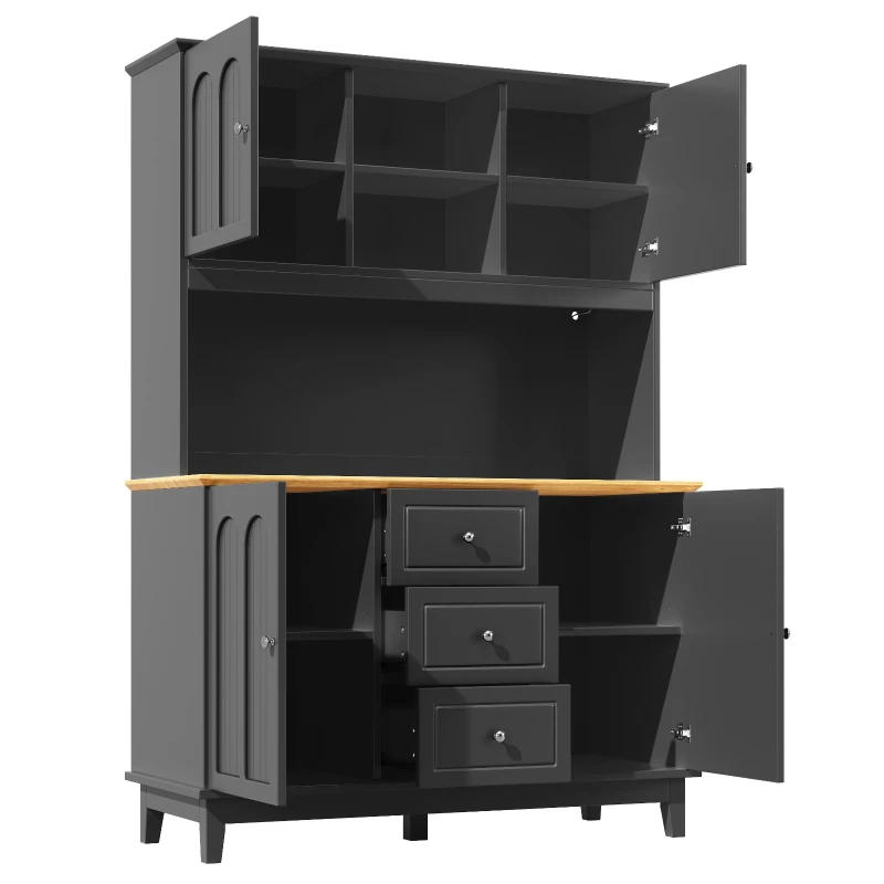 Tall Kitchen Sideboard Cabinet with App-Controlled Changing LED Lighting, Cupboard with Open Display Shelf, 120L x 40W x 180H cm, Black