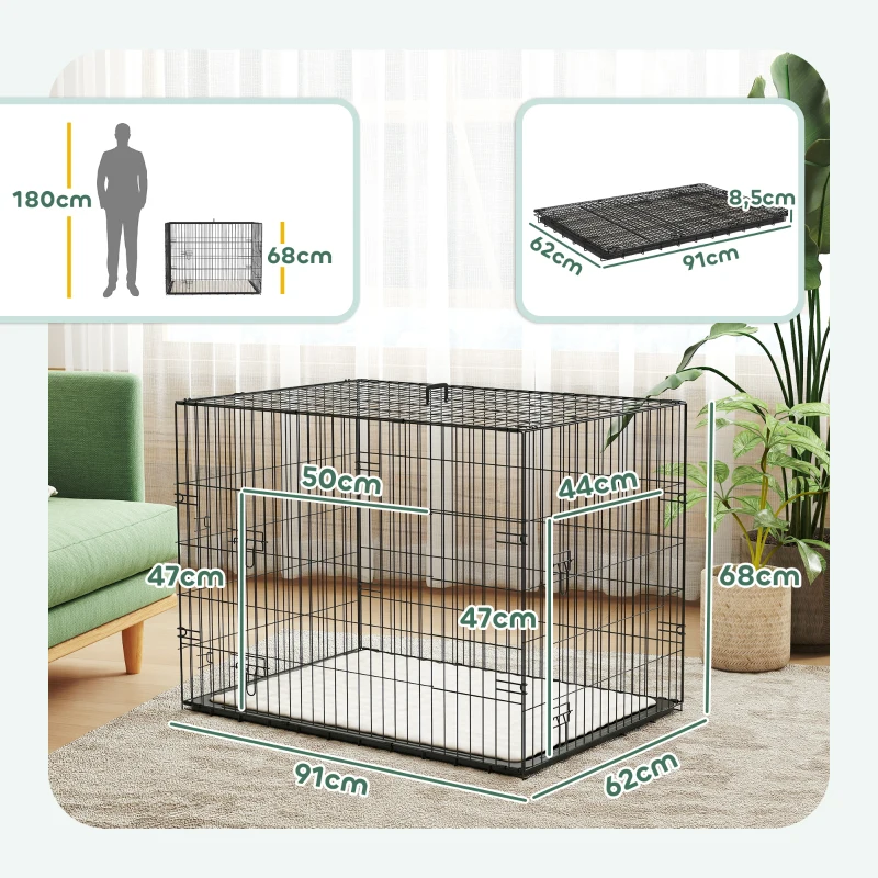PawHut Gaiola para Cães Caixa de Transporte Dobrável com Alça e Tabuleiro Removível para Cães Almofada Incluída 91x62x68 cm Preto
