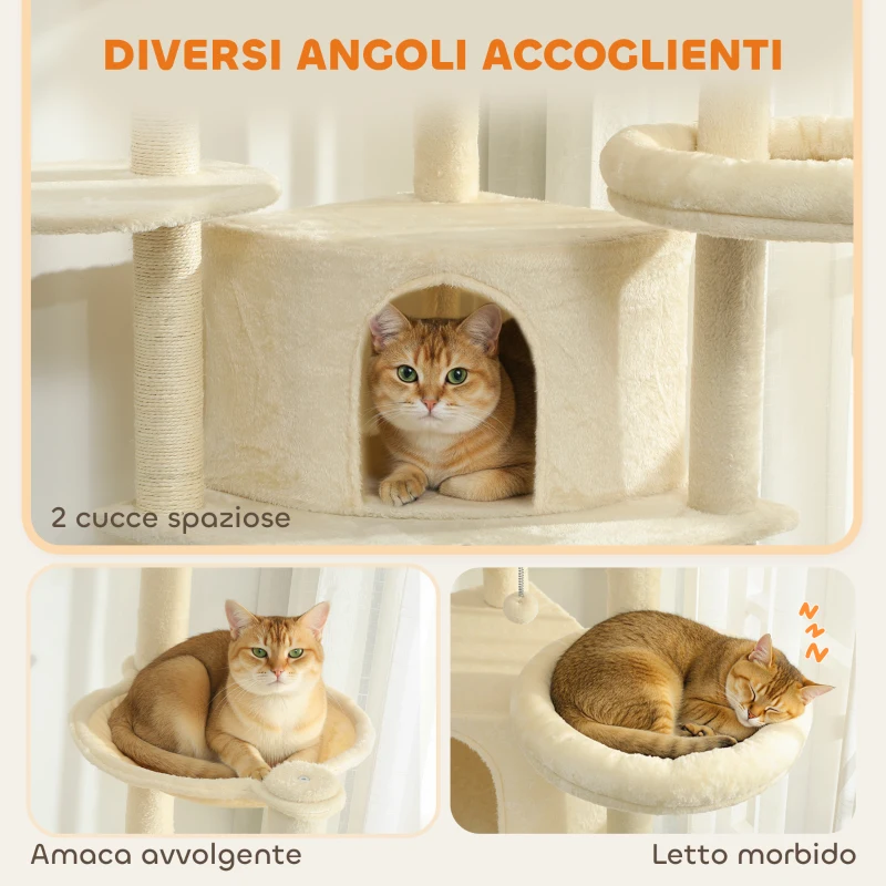 PawHut Albero per Gatti Alto 200 cm Multilivello con 2 Casette, 2 Lettini e Amaca, Struttura per 2-3 Gatti, Beige