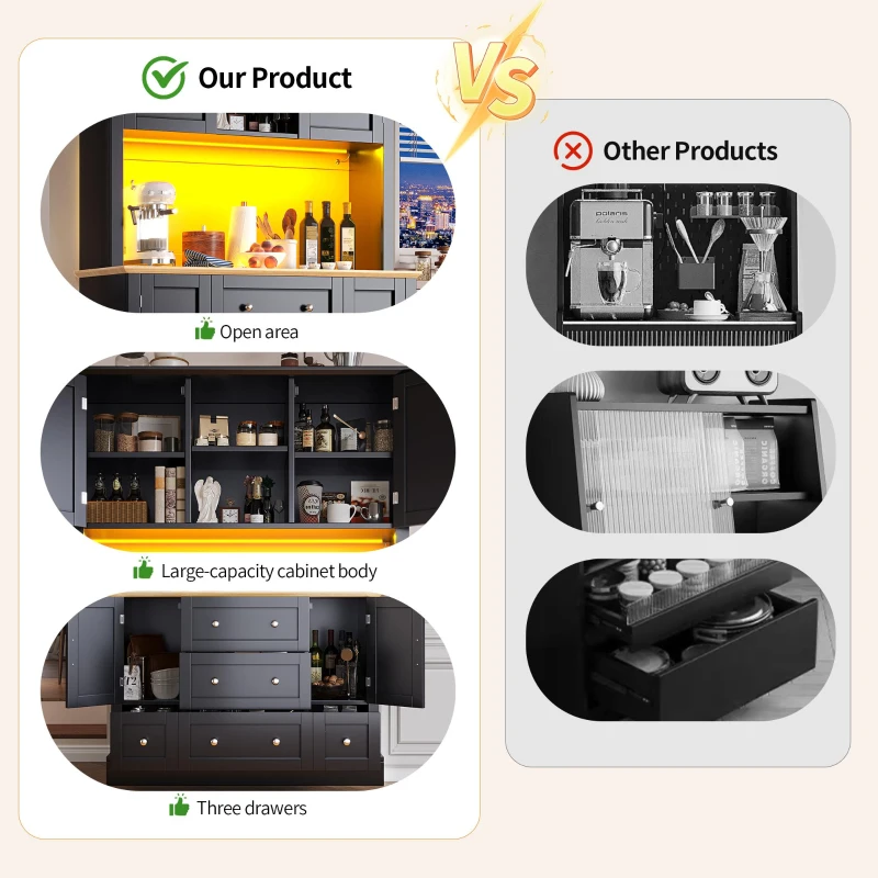 Tall Kitchen Cabinet with Open Middle Shelf and Five Drawers, Large Storage Cupboard for Dining Room, 115L x 40W x 180H cm, Black