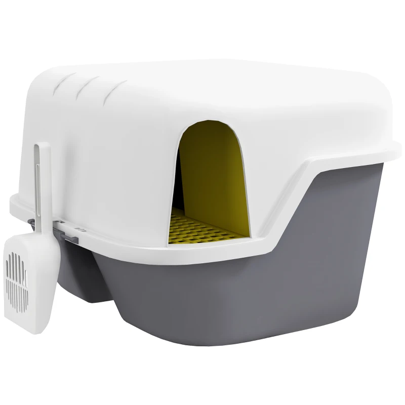 PawHut Caixa de Areia Semi-Fechada para Gatos com Tampa Superior Trancável 50x50x39 cm Cinza e Creme