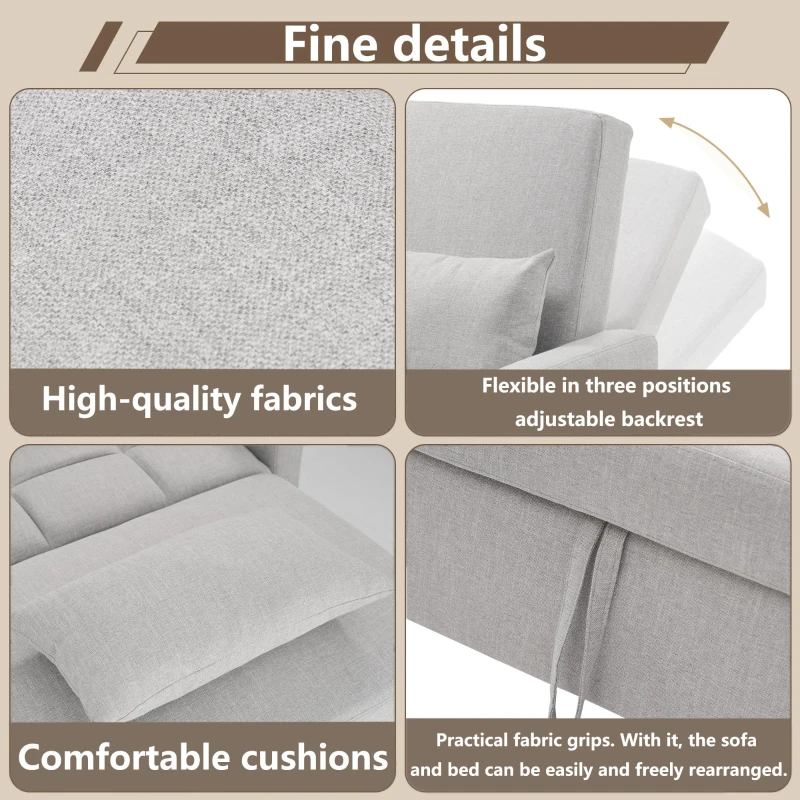 Multifunctional Folding Sofa Bed with Adjustable Backrest and 2 Cushions, Daybed Ideal for Small Flats, 127L x 75-180W x 94H cm, Light Grey
