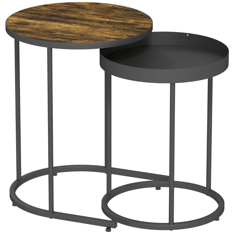 HOMCOM Round Nesting Side Table Set of 2 - Rustic Brown