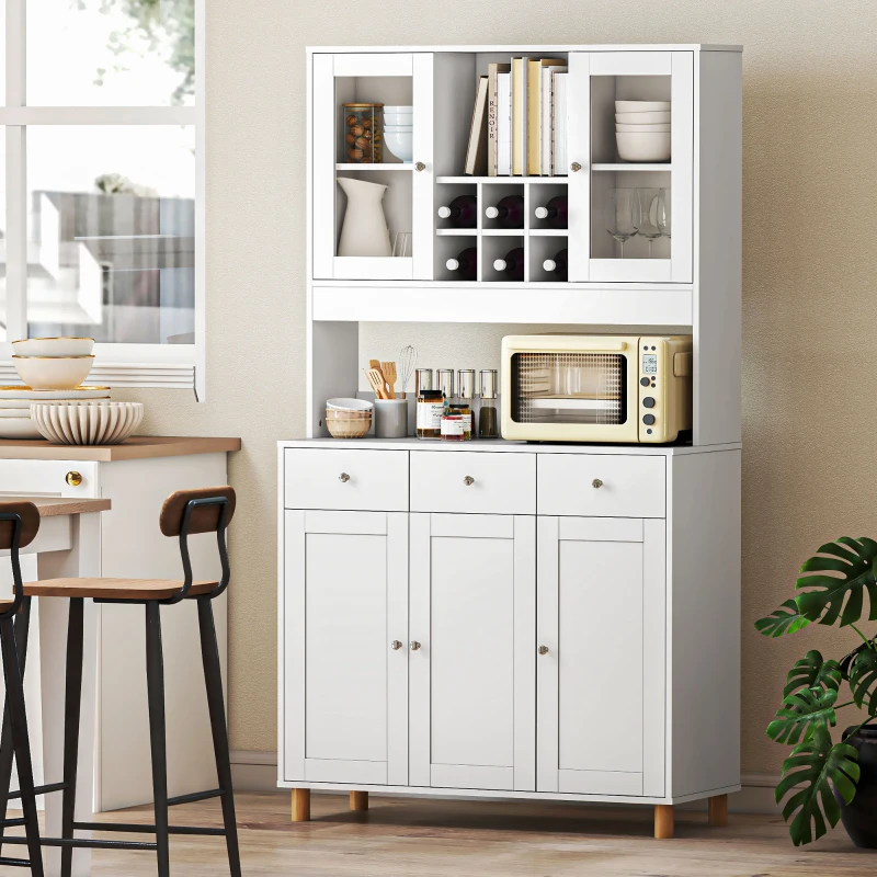 HOMCOM Credenza cucina 180 cm con 2 ante in vetro, 3 cassetti, 4 ripiani regolabili, Bianco