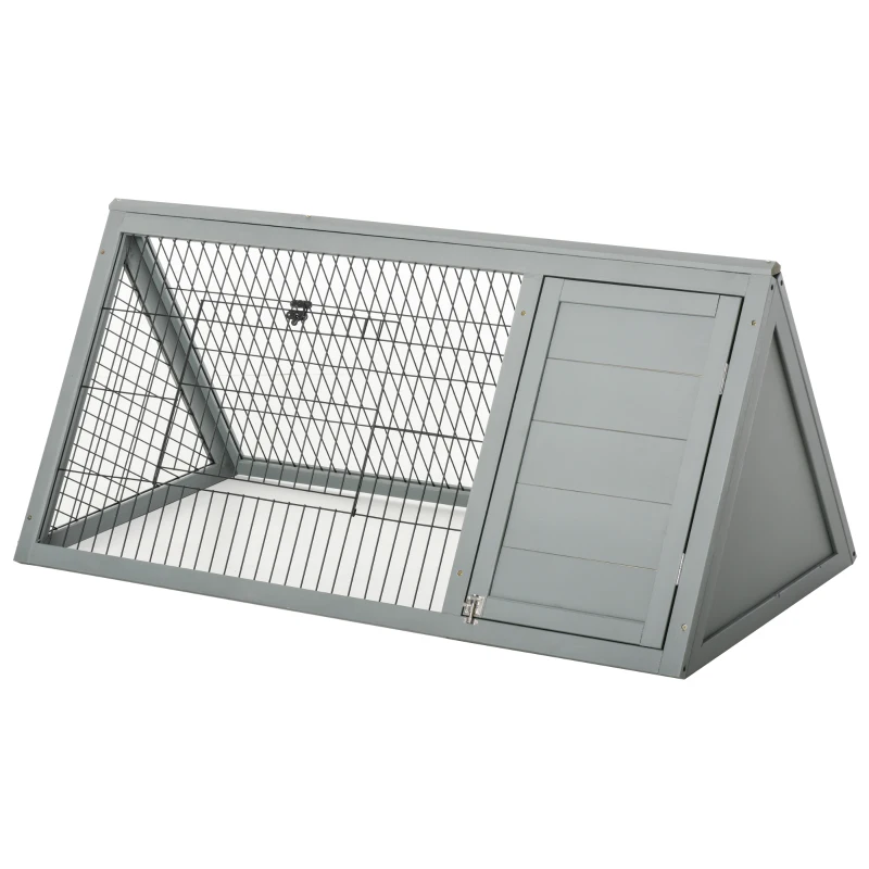PawHut Clapier triunghiular dublu pentru iepuri cu țarc exterior și căsuță, lemn brad, gri — 116 x 62,2 x 52,5 cm