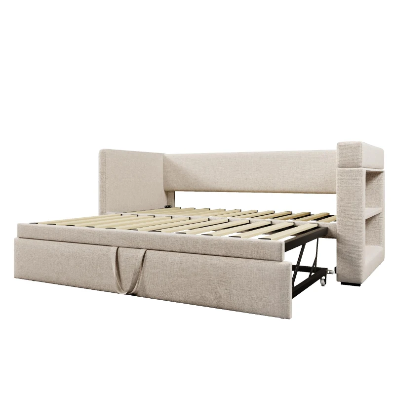 3ft Upholstered Daybed With Cup Holders, 3 USB and Type‑C Charging Ports, Single Sofa Bed for Compact Room, 207L x 98W x 74H cm, Beige