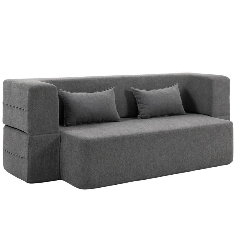 HOMCOM 2-Sitzer-Schlafsofa aus Schaumstoff, Schlafcouch mit breiten Armlehnen, 2 Kissen, 360 kg Belastbarkeit, Grau