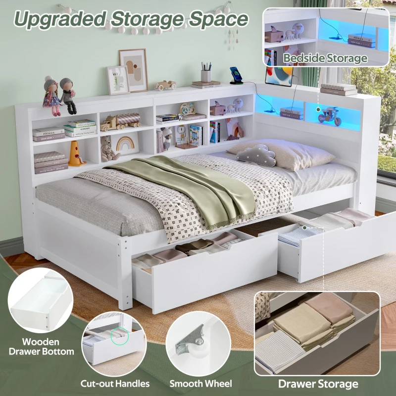3ft Single Daybed with 2 Storage Drawers, Integrated Headboard Storage, Sturdy Wood Frame for Compact Room, 213L x 117W x 93H cm, White