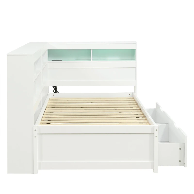 3ft Single Daybed with 2 Storage Drawers, Integrated Headboard Storage, Sturdy Wood Frame for Compact Room, 213L x 117W x 93H cm, White