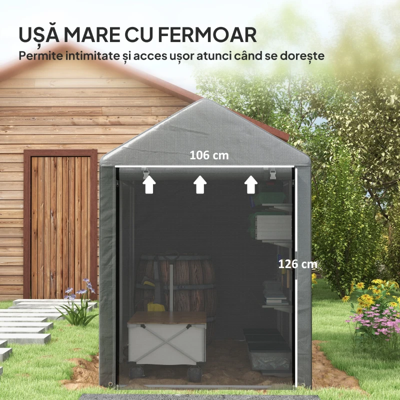 Outsunny Magazie pentru Scule cu Protecție UV și Intrare cu Fermoar, Cort de Garaj, 120x179x165 cm, Gri Închis(m-6)