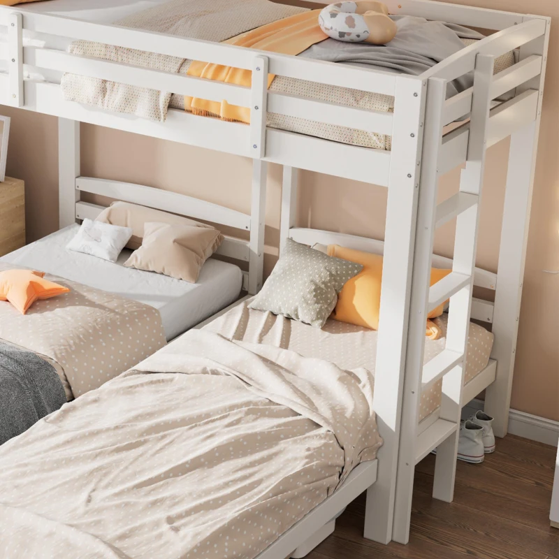 Triple Bunk Bed Space-Saving SleeperSide with Ladder and Bedside Storage, Bed Frame with Safety Rails, 204L x 198W x 162.5H cm, White