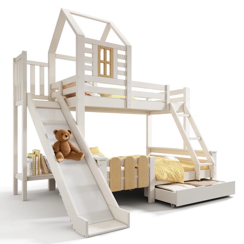 3-in-1 Cabin-style Bunk Bed with Slide and Storage Drawer, Solid Wood and MDF Frame, Durable Sleeper for Kids, 240L x 189W x 230H cm, White