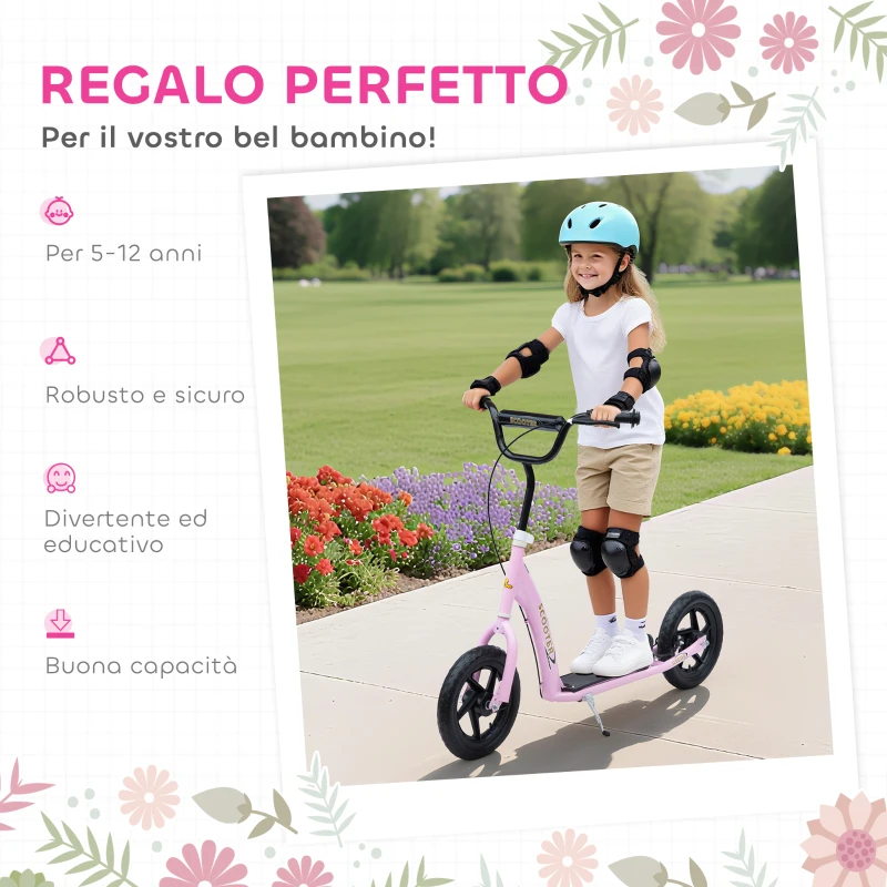 HOMCOM Monopattino per Bambini 5-12 Anni con Freno Posteriore e Manubrio Regolabile, 120x52x80-88 cm, Rosa