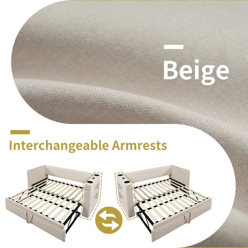 3ft Upholstered Daybed With Cup Holders, 3 USB and Type‑C Charging Ports, Single Sofa Bed for Compact Room, 207L x 98W x 74H cm, Beige