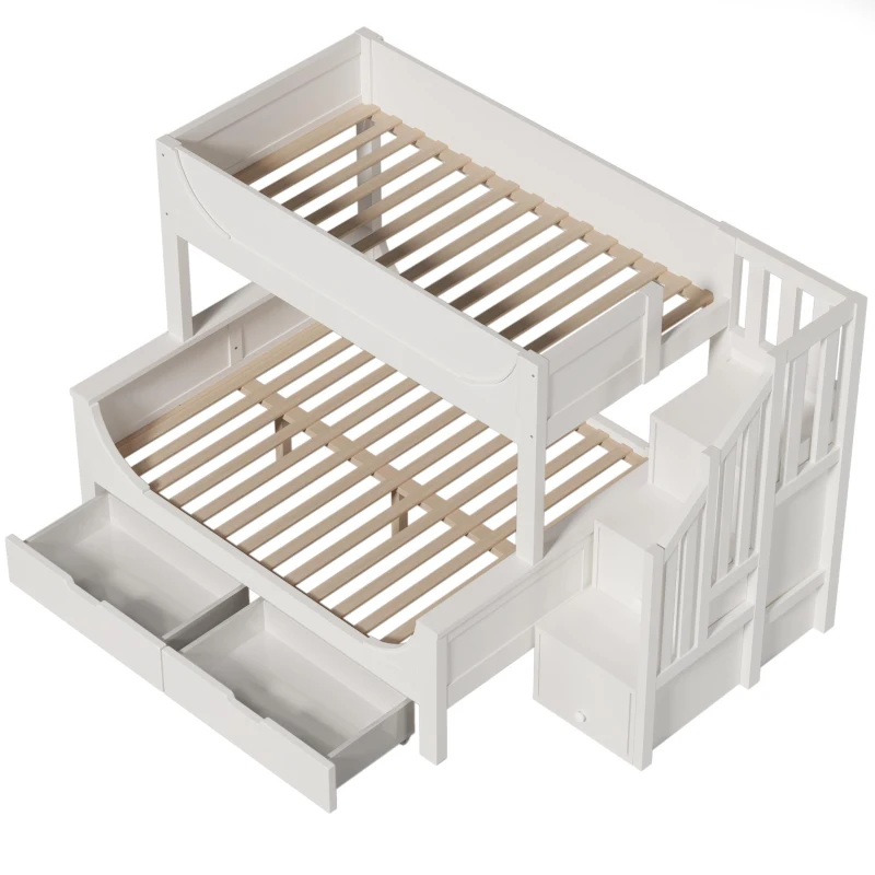 Children's Bunk Bed with Under-bed Pull-out Drawer, Ladder Cabinet Storage, Staircase Sleeper for Living Room, 246L x 141W x 150H cm, White