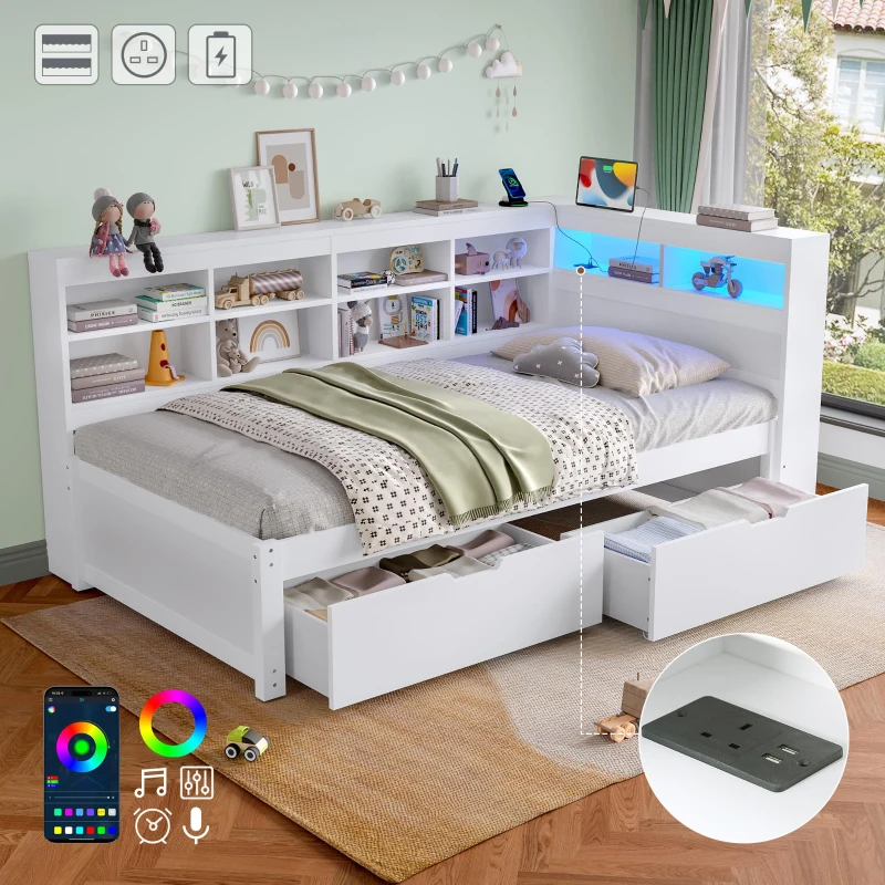 3ft Single Daybed with 2 Storage Drawers, Integrated Headboard Storage, Sturdy Wood Frame for Compact Room, 213L x 117W x 93H cm, White