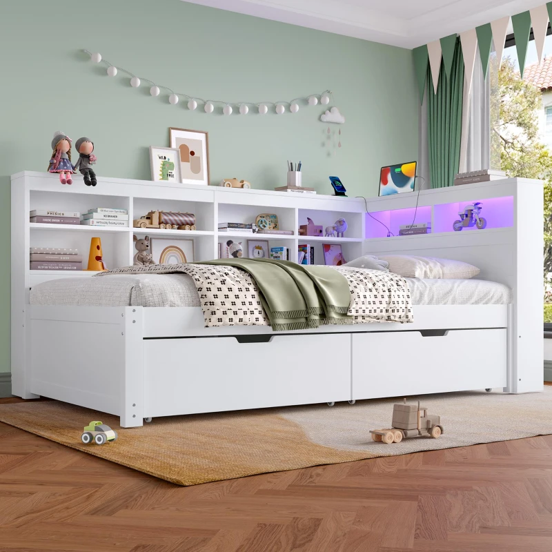 3ft Single Daybed with 2 Storage Drawers, Integrated Headboard Storage, Sturdy Wood Frame for Compact Room, 213L x 117W x 93H cm, White