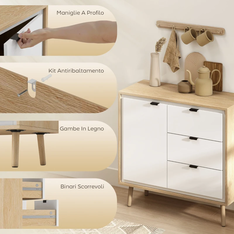 HOMCOM Credenza Moderna con 3 Cassetti e Armadietto, Ripiano Interno Regolabile e Ante Lucide, Bianco e Rovere