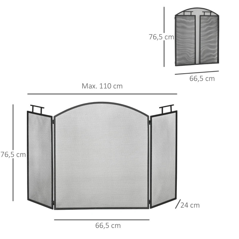 HOMCOM Protetor de Lareira 3 Painéis Dobráveis Antifaíscas 110x24x76,5 cm Aço Preto